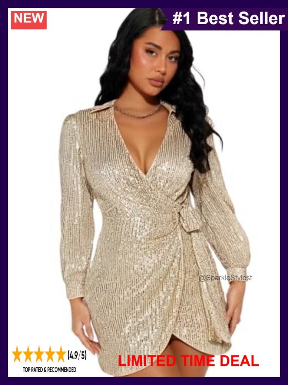 Sequin Mini Dress Long Sleeve V Neck Bodycon Party Prom Cocktail